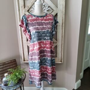 Perfect Peach Women's Short Flutter Sleeve Shift T-Shirt Dress Pockets Tie Dye